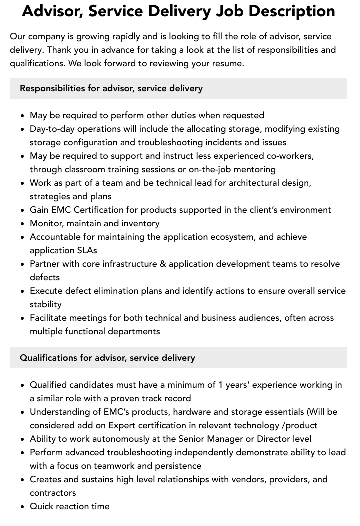 Advisor Service Delivery Job Description Velvet Jobs Advisor Service Delivery Job Description Velvet Jobs