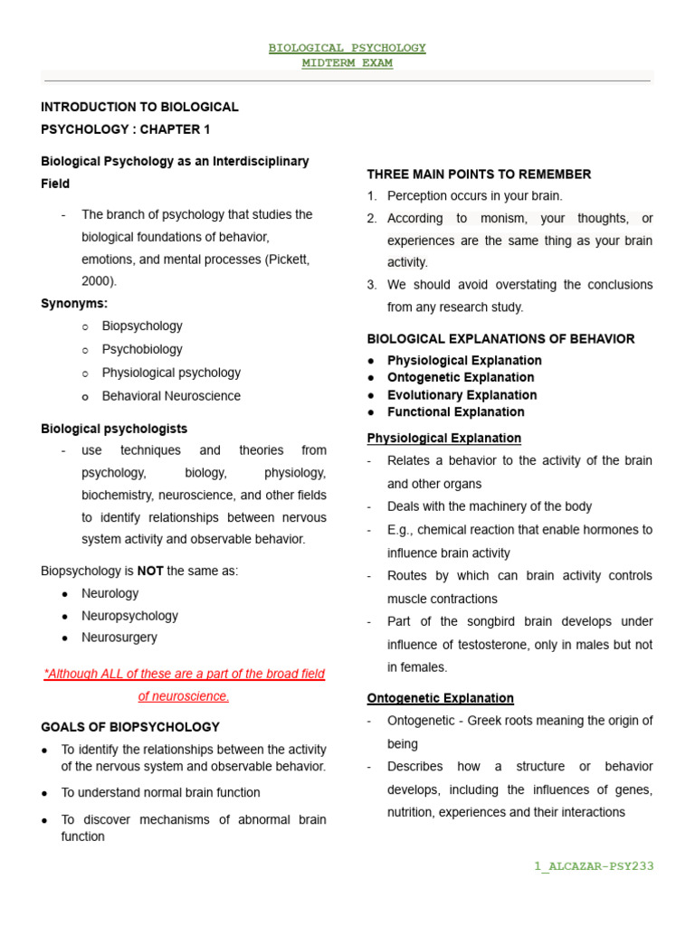 Biopsych Notes Exam 1 Intro Chapter Biopsychology Overview O Careers Biopsych Notes Exam 1 Intro Chapter Biopsychology Overview O Careers