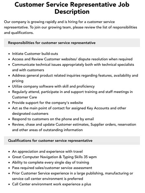 Customer Service Representative Job Description Customer Service Representative Job Description