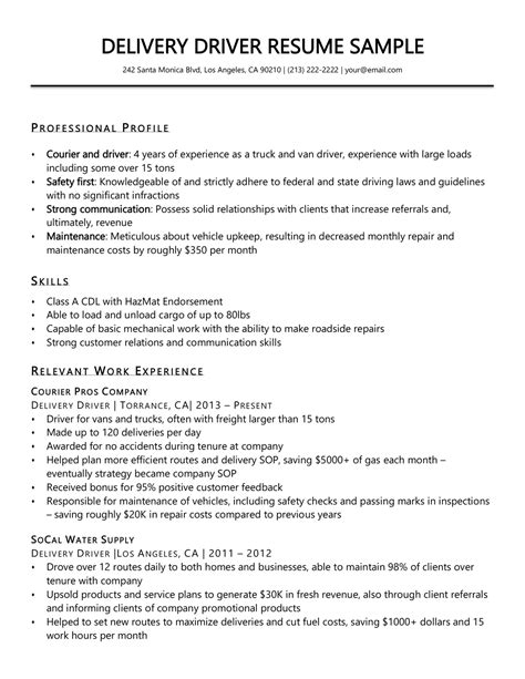Driver Resumes Delivery Driver Resume Sample Driver Resumes Delivery Driver Resume Sample