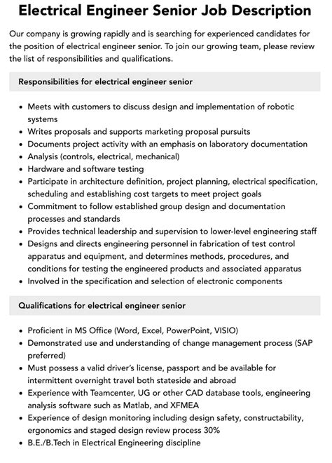 Electrical Engineering Job Description Electrical Engineering Job Description