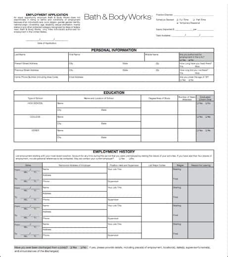Free Printable Job Application For Bath And Body Works Download Free Free Printable Job Application For Bath And Body Works Download Free