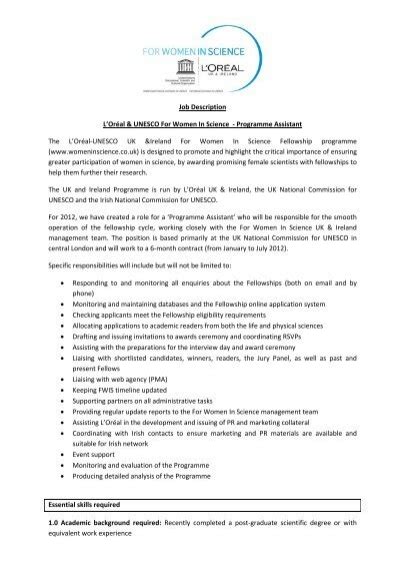 Job Description L Or Al Unesco For Women In Science Job Description L Or Al Unesco For Women In Science