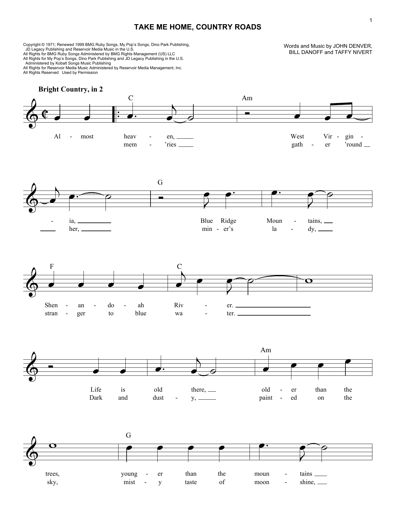 John Denver Take Me Home Country Roads Sheet Music John Denver Take Me Home Country Roads Sheet Music