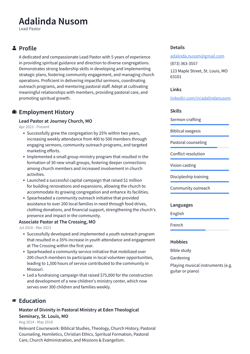 Lead Pastor Resume Samples And Templates Visualcv Lead Pastor Resume Samples And Templates Visualcv