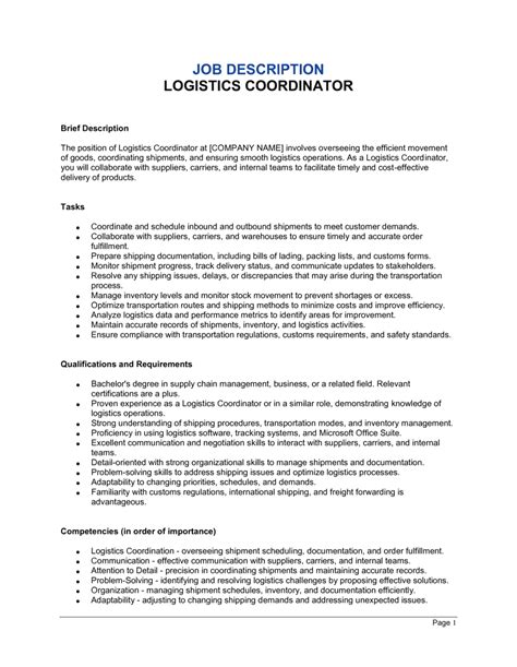 Logistics Coordinator Job Description Logistics Coordinator Job