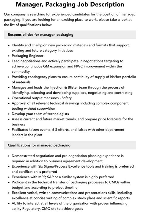 Packaging Manager Job Description Velvet Jobs Packaging Manager Job Description Velvet Jobs