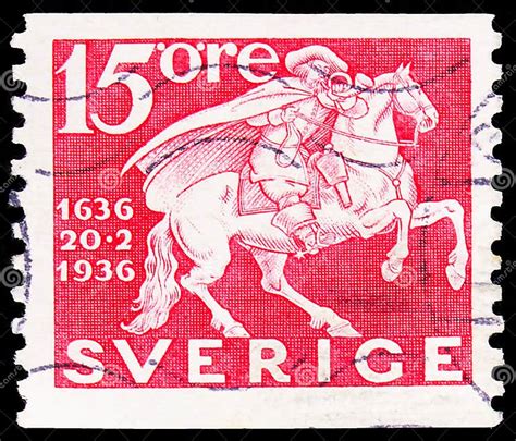 Postage Stamp Printed In Sweden Shows Mounted Postman 300Th Postage Stamp Printed In Sweden Shows Mounted Postman 300Th
