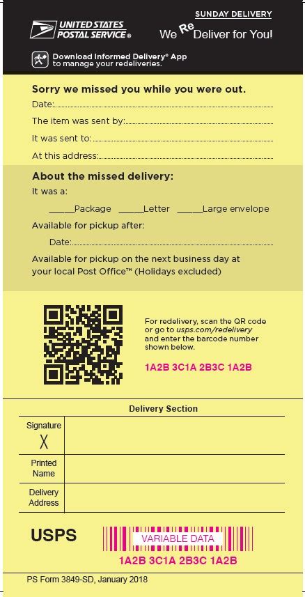 Ps Form 3849 Redelivery Notice Ps Form 3849 Redelivery Notice