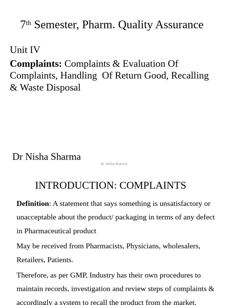 Quality Assurance Unit Iv Complaints Types Of Complaints Quality Assurance Unit Iv Complaints Types Of Complaints