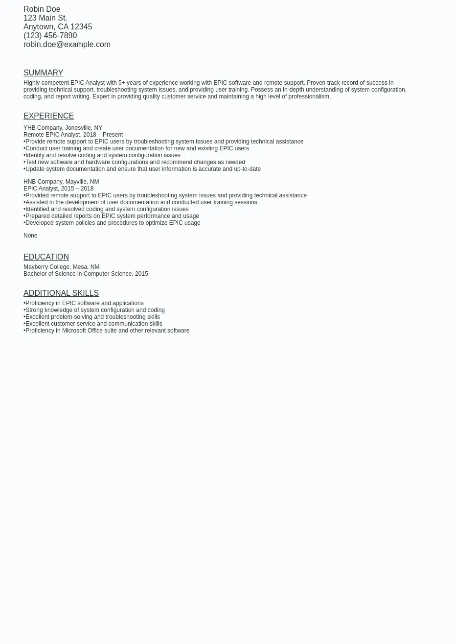 Remote Epic Analyst Resume Sample Template Free Download Ziprecruiter Remote Epic Analyst Resume Sample Template Free Download Ziprecruiter