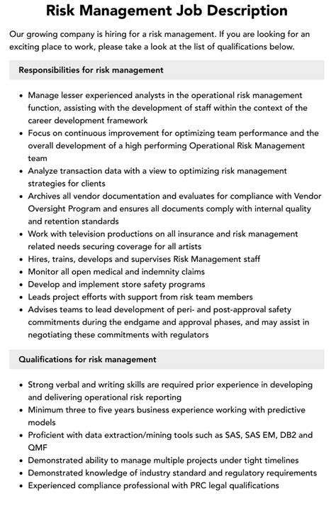 Risk Management Job Description Velvet Jobs Risk Management Job Description Velvet Jobs