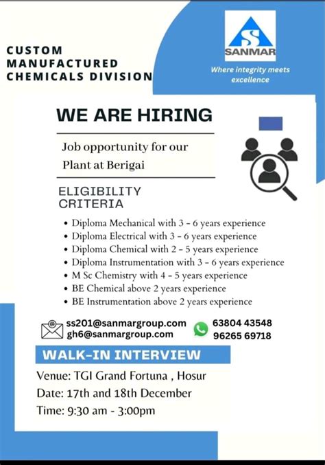 Sanmar Group Walk In Interview For Diploma In Mechanical Electrical Chemical Instrumentation Msc Chemistry Be Chemical Instrumentation Sanmar Group Walk In Interview For Diploma In Mechanical Electrical Chemical Instrumentation Msc Chemistry Be Chemical Instrumentation