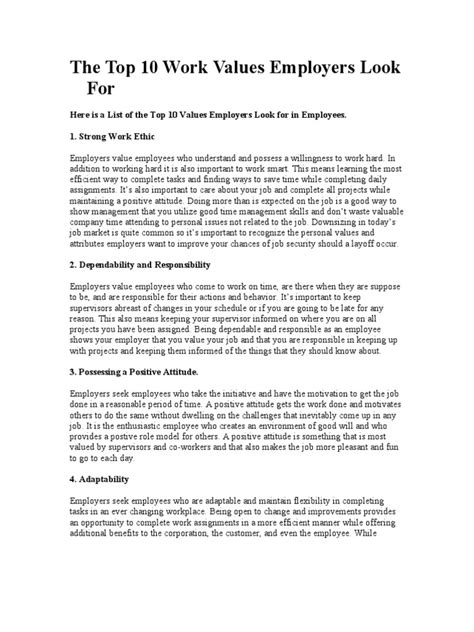 The Top 10 Work Values Employers Look For Download Free Pdf Value The Top 10 Work Values Employers Look For Download Free Pdf Value
