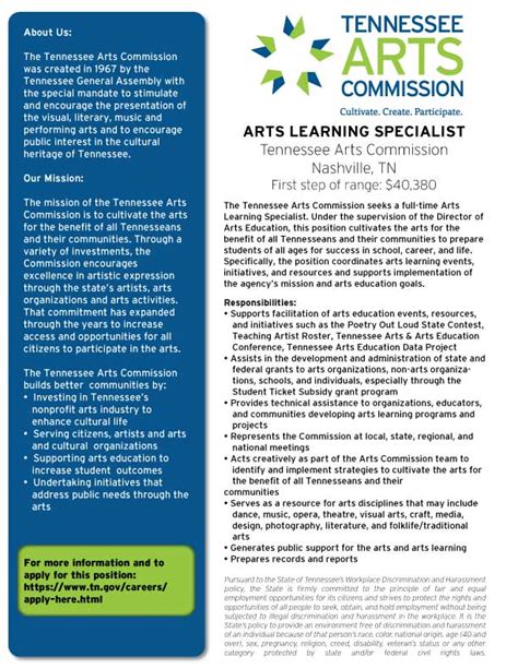 Tn Arts Commission Is Hiring Arts Learning Specialist Tennessee Arts Commission