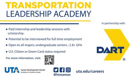 Uta Has Partnered With The Dallas Area Rapid Transit Dart To Create An Opportunity For Uta Students To Be Included In A Year Long Dart Uta Transportation Leadership Academy The Academy Includes A Paid Uta Has Partnered With The Dallas Area Rapid Transit Dart To Create An Opportunity For Uta Students To Be Included In A Year Long Dart Uta Transportation Leadership Academy The Academy Includes A Paid