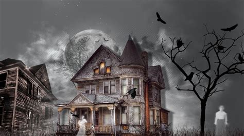 Wallpaper Id 1030020 Haunted House Moon Mansion Clouds Ghost