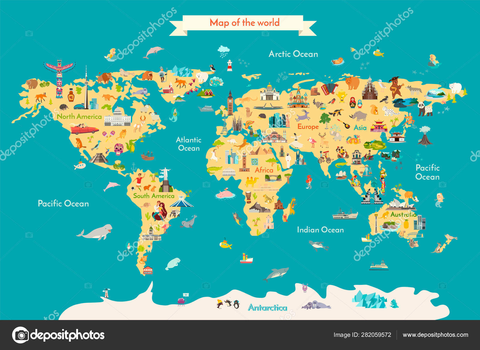 World Travel Map With Landmarks Animals And Sight Of Country Vector World Travel Map With Landmarks Animals And Sight Of Country Vector
